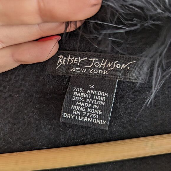 Vintage Betsey Johnson black angora rabbit hair feather trim cardigan sweater - Picture 2 of 5